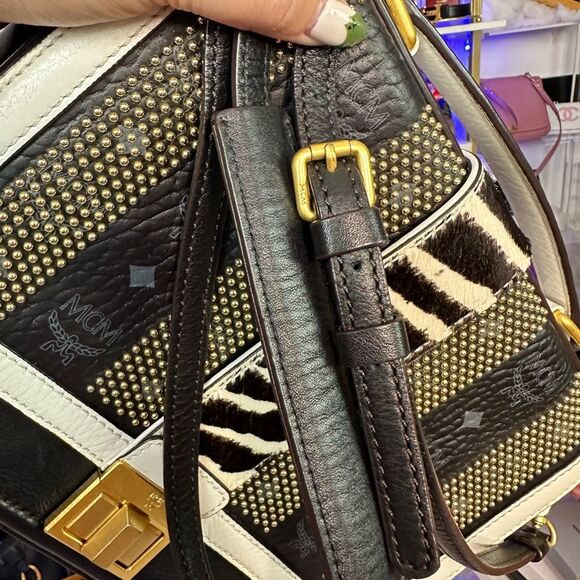 MCM Calfhair Zebra print Calf Skin Visetos Little Veronika Satchel Black Crossbo - Picture 12 of 16